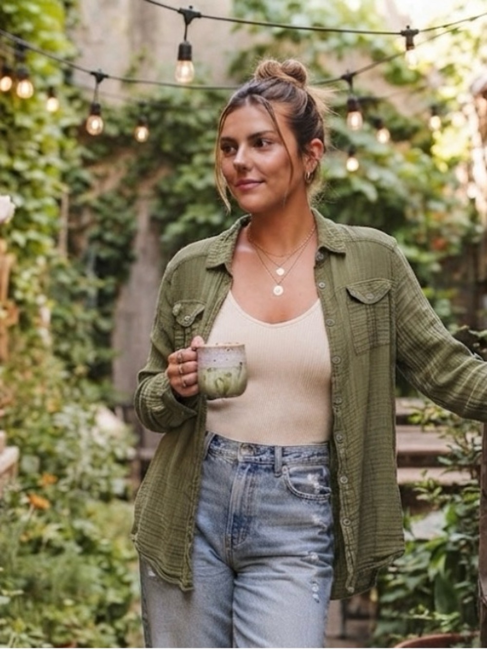 Free people green button up size small